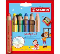 STABILO woody 3-in-1 - Multi-Talented Pencil - Pack of 6 - Assorted Colours with Sharpener