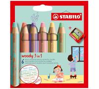 STABILO woody 3-in-1 - Multi-Talented Pencil - Pack of 6 - Assorted Pastel Colours with Sharpener