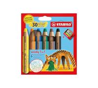 STABILO woody 3-in-1 Pencil – Pack of 6, Birthday Edition Tiger, Assorted Colours with Sharpener