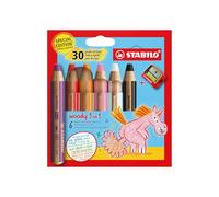 STABILO woody 3-in-1 - Multi-Talented Pencil - Pack of 6 - Birthday Edition - Unicorn - Assorted Colours with Sharpener