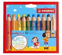 STABILO woody 3 in 1 Pack of 10 Assorted Pastel Colours with Sharpener Schools