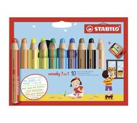 Stabilo Woody 3 In 1 Super Jumbo Pencils Wallet of 10 Assorted plus Sharpener