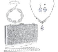 stablerice 4 Pieces Women Rhinestone Evening Clutch Bag Silver Clutch Purses Bag for Women Evening Rhinestone Jewelry Set, Silver