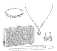 stablerice 4 Pieces Women Rhinestone Evening Clutch Bag Silver Clutch Purses Bag for Women Evening Rhinestone Jewelry Set Bling Necklace Earrings Bracelets Set for Wedding, Rhinestone, Soft Fabric,