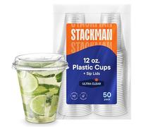 Stack Man 12 oz. Clear Cups with Strawless Sip-Lids, [50 Sets] PET Crystal Clear Disposable 16oz Plastic Cups with Lids…