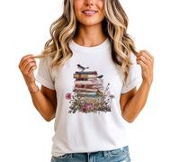 Stack of Books Birds Flowers Womens Graphic T-Shirt Reading Hobbies Literary Tee M (12-14) White