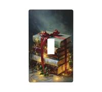 Stack of Books with Red Ribbon Twinkling Lights Light Switch Cover Decorative Single Toggle 1 Gang Wall Plate for Kitchen Farmhouse Bedroom Bathroom Art Decor