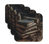 Stack of Old Books Coasters for Drinks Set of 4 Leather Drink Coasters for Tabletop Protection Heat Resistant Bar Coasters Square Cup Mat Pad Cute Cup Coaster for Home Decor Gifts