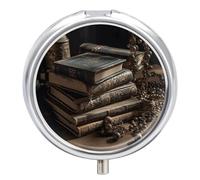 Stack of Old Books Pill Box Cute Round Pill Box 3 Compartment Decorative Pocket Purse Portable Mini Travel Medicine Tablet Vitamin Fish Oil Holder Organizer Pill Case
