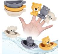 Stackable Boat & Animal Finger Puppet Bath Toy Set, 3 Floating Silicone Boats with Lion, Hippo, and Koala Puppets for Bathtub and Pool Play, Sensory and Interactive Water Toys for Kids