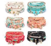 Stackable Bracelets 6 Sets/48 Pcs Boho Bracelets for Women 8 Layers Stackable Wrap Bohemian Style Beaded Colorful Jewelry