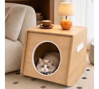 Stackable Cat House Nightstand, Floor Bedside Table with Soft Cushion | Semi-Enclosed Side Table with Pull-Out Round Cat Bed Door for Bedrooms, Living Rooms