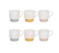 Stackable Ceramic Coffee Mugs 6Pcs Floral Embossed Designs Decorative Cups 310Ml
