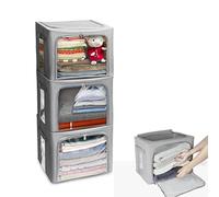 Stackable Clothes Storage Box for Clothing Gadgets,Steel Frame Storage Bins for Toys Gift,Foldable Oxford Fabric Closet Organizer Bag Set w/ Carry Handles Clear Window (Medium- 40L x3 Pack, Grey)