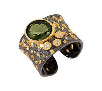 Stackable Moldavite and Cubic Zirconia Ring Bezel Set Oval Round Green Faceted Stones 925 Sterling SIlver Statement Fashion Jewelry Gift M1/2, 53(16.9)