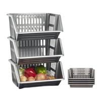 Stackable Plastic Storage Baskets 35cm | Silver Modular Stacking Basket Set for Kitchen, Bathroom & Home Organisation | Space Saving Fruit & Vegetable Rack | Durable Plastic Organiser Bins (3)