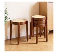 Stackable Rattan Bar Stools - Portable Backless Wooden Kitchen Island Chairs with Round Top - Set of 4 Stools for Dining Room and School Use.