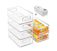 Stackable Refrigerator Organizer Bins, 6 Pack Clear Kitchen Organizer Container Bins with Handles and 20 PCS Plastic Bags for Pantry, Cabinets, Shelves, Drawer, Freezer - Food Safe, BPA Free 10"L
