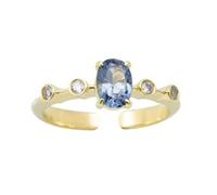 Stackable Ring, Married Ring 9K Yellow Gold Vintage Open Ring Adjustable with Blue Oval Topaz Size M 1/2