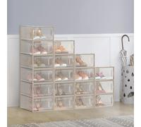 Stackable Shoe Boxes, Pack of 18 Shoe Storage Organizers, Transparent + Beige / M (33.5x23.2x14.3cm) / 18