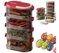 Stackable Spice Storage Box, Organizador De Especias Sellado Multicapa, Multi-Layer Sealed Food Organizer, Travel Spice Containers and Camping Spices Kit for Seasoning, Cereal (Red - Four layer)