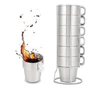 Stackable Stainless Steel Coffee Cups, 10oz Double-Walled Insulated Tea Cups, Camping Coffee Mugs with a Stand Rack for Cold Drinks or Hot Drink (Set of 6)