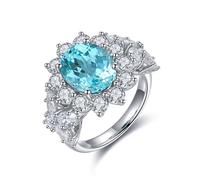 Stackable Sterling Silver Rings, Silver Rings for Women Wedding Flower with Oval Created paraiba Tourmaline Size L 1/2