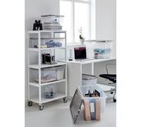 Strata 6 x 80 Litres Curve Plastic Stackable Storage Box & Lid with clip-on lids, 6 Pack, Multi storage box for home and office storage solution Clear Box, Grey Lid, (37cm H x 40cm W x 80cm D)