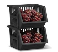 Stackable Storage Drawers 2 Pack - Kitchen Pantry Organiser Baskets with Open Front, Plastic Cupboard & Under Sink Storage Bins, Modular Stacking Cabinet Organiser (2x Black)