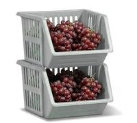 Stackable Storage Drawers 2 Pack - Kitchen Pantry Organiser Baskets with Open Front, Plastic Cupboard & Under Sink Storage Bins, Modular Stacking Cabinet Organiser (2x Grey)