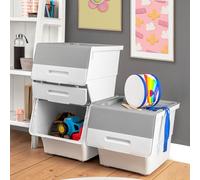Stackable Toy Storage Box on Wheels with Front Lid, Plastic Organisation Boxes for Toys Snacks Clothes, Multi-Purpose Tower Organisers for Kitchen, Bathroom, and Bedroom (White-Grey, 3x33 Litre)