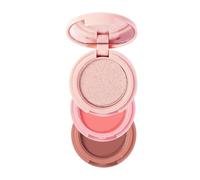 Stackable Triple-Layer Eyeshadow Palette with Mirror - Compact Round Case in Pale Pink Featuring Shimmer Rose-Gold Matte Coral-Pink & Terracotta-Brown Shades for Versatile Everyday Makeup