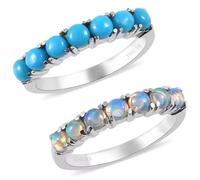 Stackable Turquoise Ring & Opal Ring Set of 2 Stackable Rings for Women Set - Boho Western Band Promise Stainless Steel Turquoise Jewelry for Women - Christmas Gifts for Her- 1.30 ctw, 5 UK, Stainless