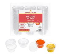 STACKABLES ~ Pack Of 150 Tiny 0.75oz Plastic Food Container Pots with Lids ~ 22ml Reusable Sauce Pot with Lids ~ Take Away small Chutney Ketchup Restaurant Cups