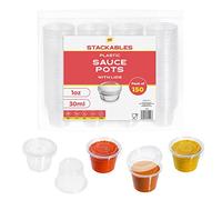 STACKABLES ~ Pack Of 150 Tiny 1oz Plastic Food Container Pots with Lids ~ 30ml Reusable Sauce Pot with Lids ~ Take Away small Chutney Ketchup Restaurant Jelly Shot & Dessert Cups