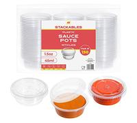 STACKABLES ~ Pack Of 150 Tiny Plastic Pots ~ Reusable Sauce Pot With Lids ~ Take Away Chutney Ketchup Restaurant Jelly Shot & Dessert Cups (1.5oz - 45ml)