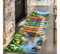 Stacked Books Learning Rug Forest Stream Art Kids Room Decor 120x300cm | Colourful Book Stack and Nature Scenery Small Classroom Rug Soft Non-Slip and Washable for Librarie Home Office Study Corner