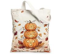 Stacked Jack-o'-Lanterns Fall Harvest Quote Canvas Tote Bag 13x15 Inch | Stacked Pumpkins Illustration, Watercolor Autumn Leaves, Harvest Season Theme, Cozy Fall Aesthetic