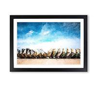 Stacked Rowing Boats on The Beach Framed Print | A2 Black Framed Wall Art | Ready to Hang | Modern Beach Picture | Living Room Bedroom Lounge Office