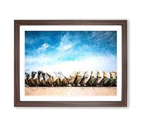 Stacked Rowing Boats On The Beach Modern Art Framed Print | A4 Walnut Framed Wall Art | Ready to Hang | Modern Beach Picture | Living Room Bedroom Lounge Office