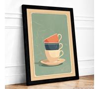 Stacked Teacup Delight Minimalist Framed Wall Art Print A1 (84.1×59.4cm) Black, Wall Decor for Living Room, Bedroom, Office & Home, Ready to Hang, Art Gift