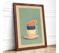 Stacked Teacup Delight Minimalist Framed Wall Art Print A1 (84.1×59.4cm) Walnut, Wall Decor for Living Room, Bedroom, Office & Home, Ready to Hang, Art Gift