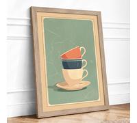 Stacked Teacup Delight Minimalist Framed Wall Art Print A4 (29.7×21cm) Oak, Wall Decor for Living Room, Bedroom, Office & Home, Ready to Hang, Art Gift