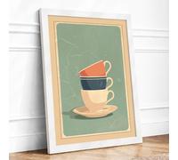 Stacked Teacup Delight Minimalist Framed Wall Art Print A4 (29.7×21cm) White, Wall Decor for Living Room, Bedroom, Office & Home, Ready to Hang, Art Gift
