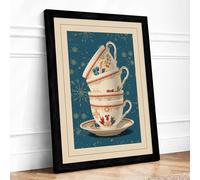 Stacked Teacup Elegance Vintage Framed Wall Art Print A1 (84.1×59.4cm) Black, Wall Decor for Living Room, Bedroom, Office & Home, Ready to Hang, Art Gift
