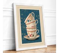 Stacked Teacup Elegance Vintage Framed Wall Art Print A2 (59.4×42cm) White, Wall Decor for Living Room, Bedroom, Office & Home, Ready to Hang, Art Gift