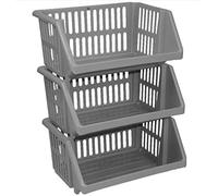 Stacking Basket - Multifunctional Storage Baskets - Made of Plastic - Sturdy & Durable - Woven Design- Semi Open Front - Easy to Stack - 35CM (grey, set of 3)