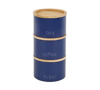 Stacking Metal Canisters Tea Coffee and Sugar Space Saving Stackable Canisters with Wooden Lids (Navy)