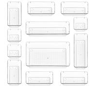 Stackzy Drawer Organiser Set - Makeup Organiser Tray for Drawers - Clear Cosmetics Container Tray for Bedroom - Utensil Cutlery Set Divider - Kitchen Storage & Organisation - 12pack