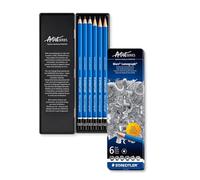 STAEDTLER 100 G6 Mars Lumograph Graphite Pencils for Drawing and Sketching - Assorted Degrees, 8B-HB (Tin of 6), Silver/Blue